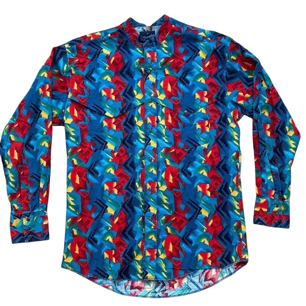 Vintage Wrangler Cowboy Cut Shirt Red Aztec Abstract Pearl Button Men's Medium‎